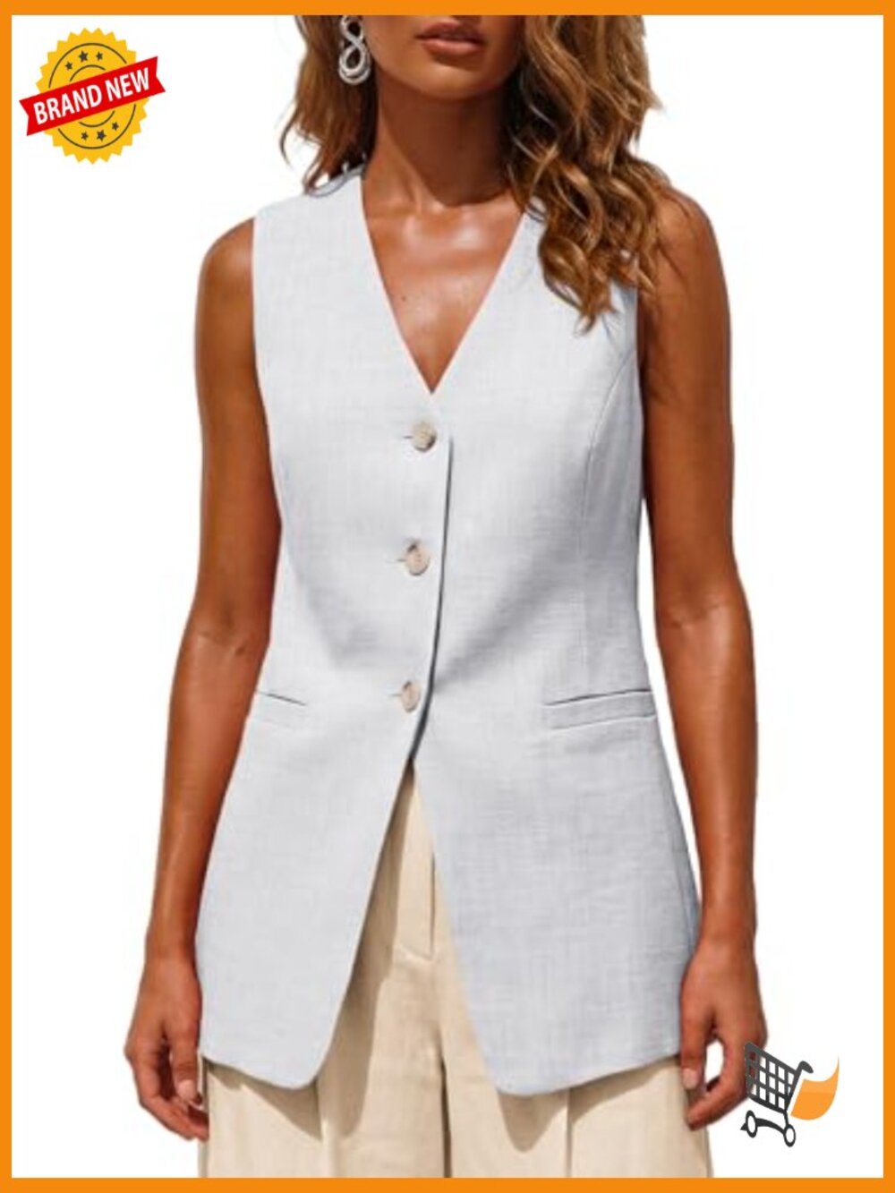 Sleeveless Linen Vest - V-Neck Fully-Lined Lightweight Office Casual Pockets - Picture 2 of 7